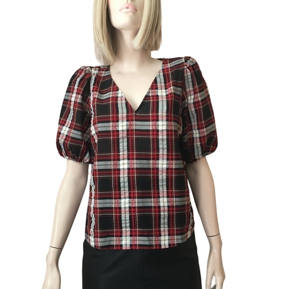 LOFT Blouse Rayon blend Plaid Seersucker Puckered Top Shirt Short Sleeve XS-S